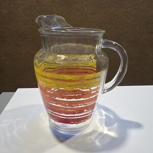 Vintage MCM Glass Pitcher w Brushstroke Stripes 9in tall, 1960-1970s